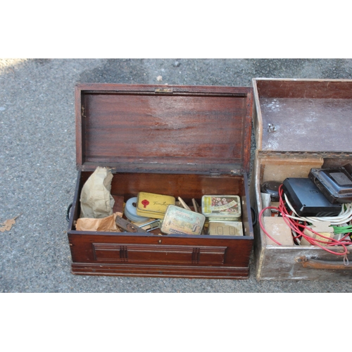 456 - 2 X VINTAGE SMALL WOODEN TOOL BOXES AND BOX OF TOOLS 
42 X 31 X 23