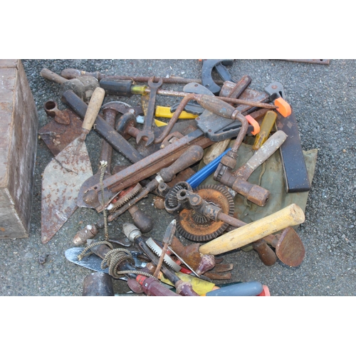 456 - 2 X VINTAGE SMALL WOODEN TOOL BOXES AND BOX OF TOOLS 
42 X 31 X 23