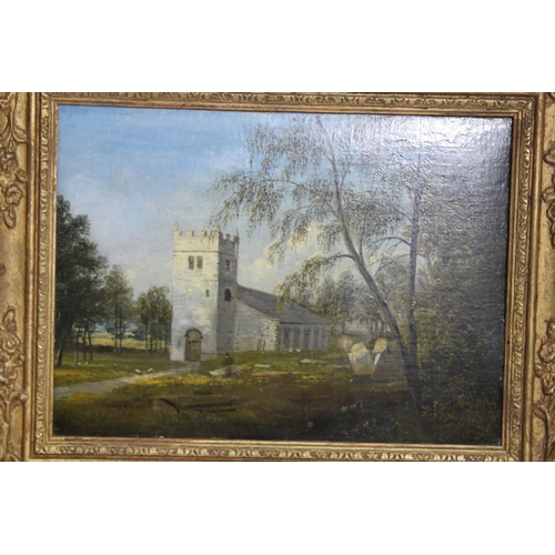 128 - SIGNED WATERCOLOUR OF CAEN AND ORNATE FRAMED PRINT OF A CHURCH 
50 X 40CM