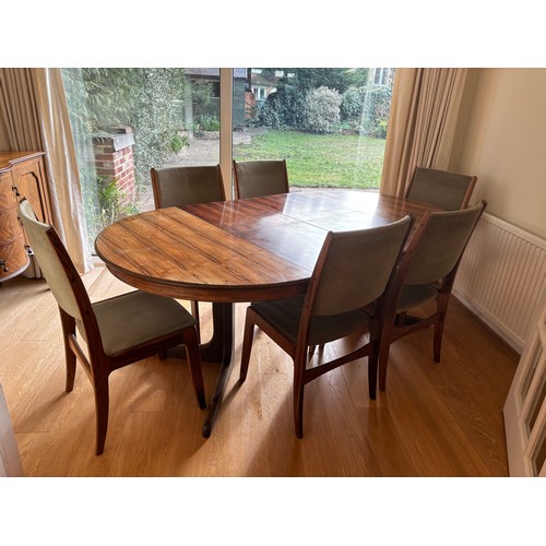 27 - RETRO DANISH EXTENDING TABLE AND 6 CHAIRS 
119 X 73CM CLOSED AND 210 OPEN WITH TWO LEAVES