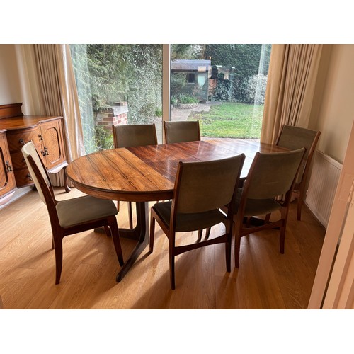 27 - RETRO DANISH EXTENDING TABLE AND 6 CHAIRS 
119 X 73CM CLOSED AND 210 OPEN WITH TWO LEAVES