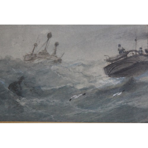 129 - WATERCOLOUR OF BOATS IN A ROUGH SEA AND ONE OF A SAILING SHIP
54 x 38cm