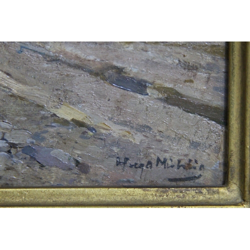 112 - SIGNED HUGO MUHLIG OIL ON BOARD OF FARM SCENE 
56 x 48cm