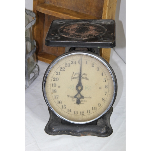 473 - VINTAGE MILK BOTTLE CRATE, SCALES AND CUTLERY BOX
55 X 23CM