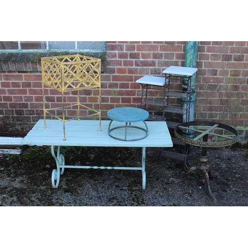 54 - FRENCH METAL FRAMED GARDEN TABLE PLUS 4 OTHER PEICES 
114 X 55 X 48CM