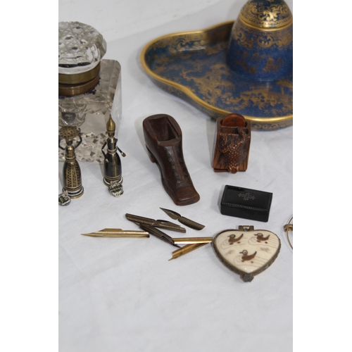 298 - SELECTION OF DESK TOP ITEMS TO INCLUDE PENS, INKWELLS, BOXES, A POCKET WATCH AND A CHEST PIECE