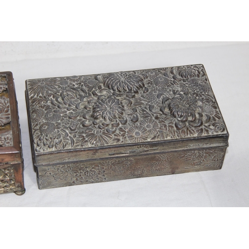 307 - ORIENTAL JEWELLERY BOX WITH CARVED PANALS AND A SELECTION OF ORIENTAL METAL BOXES AND A PAIR OF ORIE... 