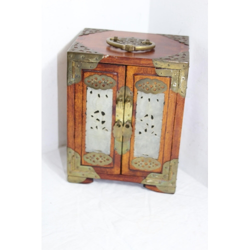 307 - ORIENTAL JEWELLERY BOX WITH CARVED PANALS AND A SELECTION OF ORIENTAL METAL BOXES AND A PAIR OF ORIE... 