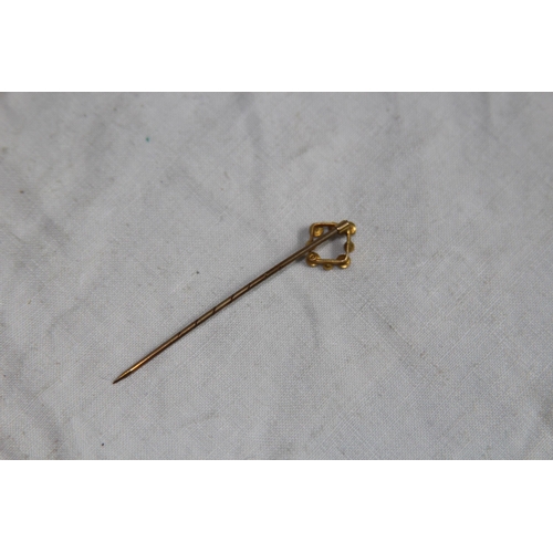 1139 - 9CT GOLD STICK PIN AND A WHITE METAL STICK PIN - 0.75G