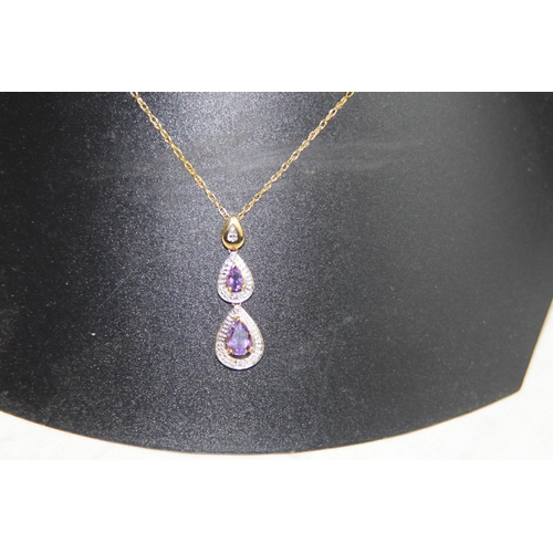 1153 - 9CT GOLD DIAMOND AND AMETHYST TRIPLE DROP PENDANT NECKLACE - 2.20G TOTAL WEIGHT