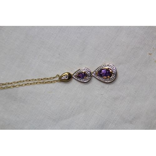 1153 - 9CT GOLD DIAMOND AND AMETHYST TRIPLE DROP PENDANT NECKLACE - 2.20G TOTAL WEIGHT