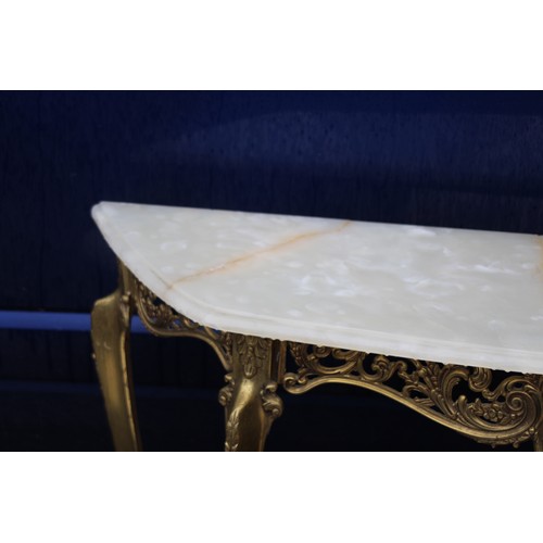 32A - 4 X ORNATE BRASS AND ALABASTA TABLES INCLUDING LARGE DEMI LUNE 2 A/F TOPS
106 X 80 X 33CM