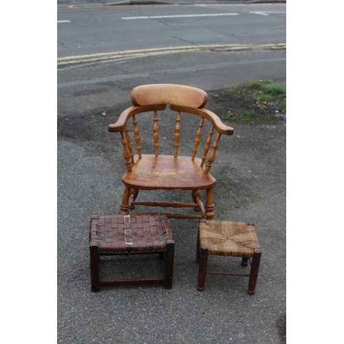 27 - ANTIQUE SMOKERS BOW CHAIR AND 2 VINTAGE FOOTSTOOLS