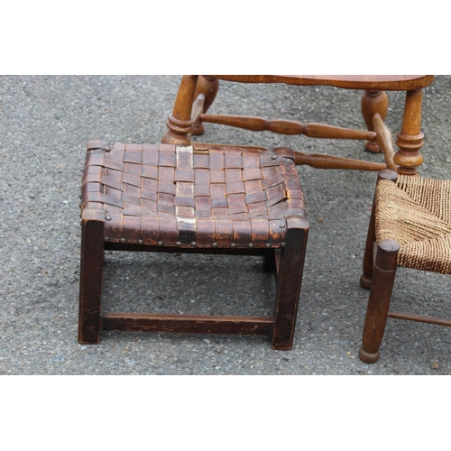 27 - ANTIQUE SMOKERS BOW CHAIR AND 2 VINTAGE FOOTSTOOLS