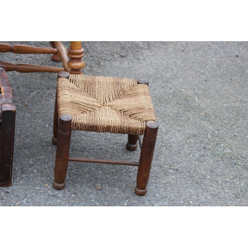 27 - ANTIQUE SMOKERS BOW CHAIR AND 2 VINTAGE FOOTSTOOLS