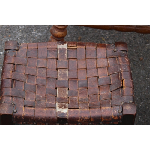 27 - ANTIQUE SMOKERS BOW CHAIR AND 2 VINTAGE FOOTSTOOLS