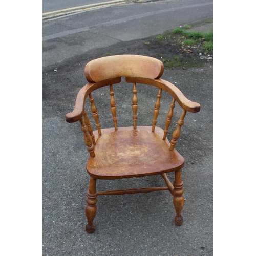 27 - ANTIQUE SMOKERS BOW CHAIR AND 2 VINTAGE FOOTSTOOLS