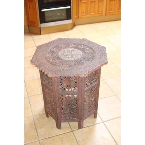 9 - LARGE EASTED CARVED INLAID FOLDING PLATTER TOP TABLE
64 X 68CM