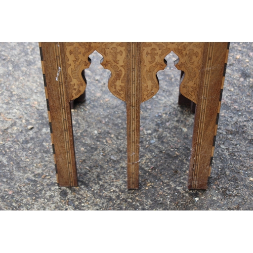 24 - MOORISH INLAID MAHOGANY OCCASIONAL TABLE WITH MOTHER OF PEARL AND MARQUETRY ARABIC SCRIPT 
45 X 64CM