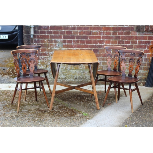 28 - ERCOL DROP LEAF DINING TABLE AND 4 ERCOL FLEUR DE LYS PATTERN CHAIRS 
113 X 123 X 71CM OPEN AND 62CM... 