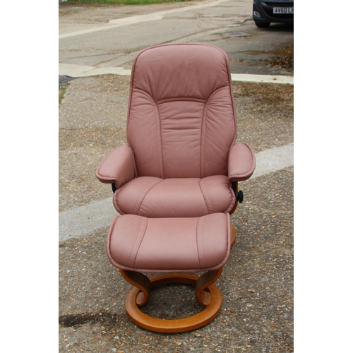 35 - EKORNES STRESSLESS PINK LEATHER RECLINER CHAIR AND STOOL
78 X 77 X 103CM