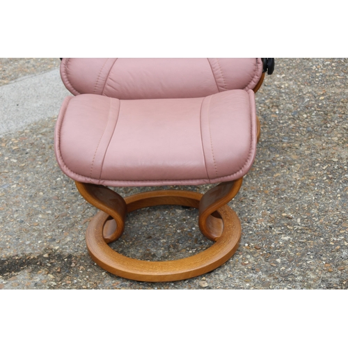 35 - EKORNES STRESSLESS PINK LEATHER RECLINER CHAIR AND STOOL
78 X 77 X 103CM