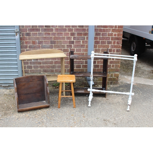 44 - QUANTITY OF VINTAGE BOOK SHELVES, STOOL AND TOWEL RAIL x5
77 X 29 X 81CM