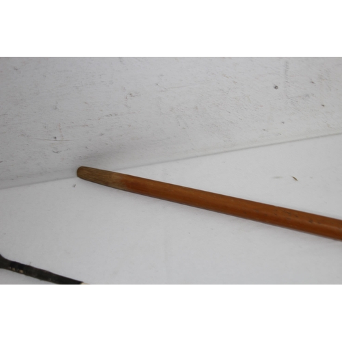 402 - SILVER BANDED CANE, RIDING CROP AND SMALL ORNATE CANE