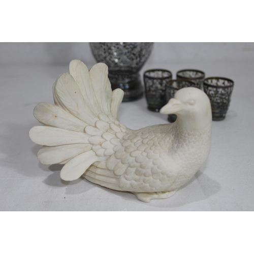 333 - ORNATE DECANTER, GLASSES AND ITALIAN RESIN DOVE
20CM