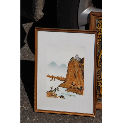 181 - 2 X PICTURE MIRRORS AND 2 X EMBOSSED ORIENTAL PICTURES 
34 X 24CM