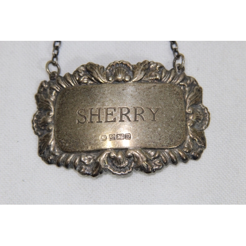 1049 - SILVER SHERRY DECANTER LABEL - 14.5G - BIRMINGHAM 1991 - RAY HALL