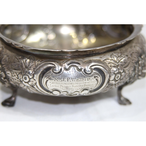 1056 - SILVER THREE FOOTED BOWL AND SIFTER SPOON - 207G - LONDON 1884 - CHARLES EDWARDS