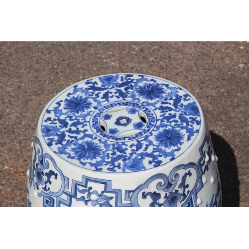 358 - PAIR OF LARGE BLUE AND WHITE ORIENTAL BARREL SEATS 
45CM