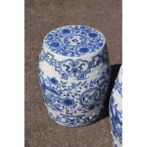 358 - PAIR OF LARGE BLUE AND WHITE ORIENTAL BARREL SEATS 
45CM