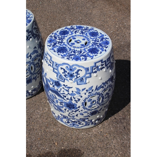 358 - PAIR OF LARGE BLUE AND WHITE ORIENTAL BARREL SEATS 
45CM