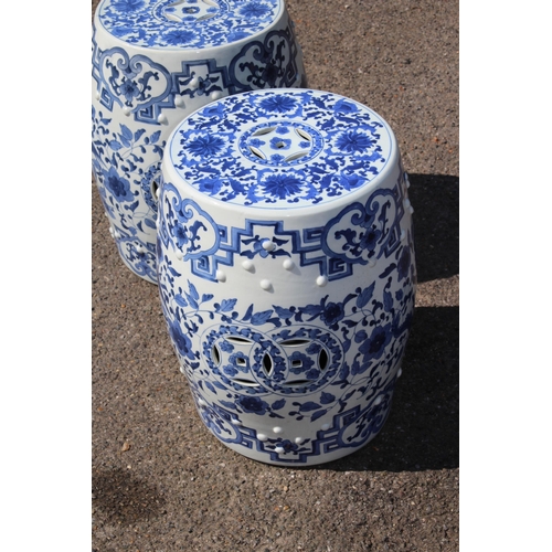 358 - PAIR OF LARGE BLUE AND WHITE ORIENTAL BARREL SEATS 
45CM