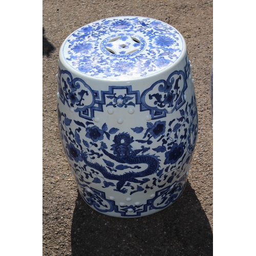 358 - PAIR OF LARGE BLUE AND WHITE ORIENTAL BARREL SEATS 
45CM