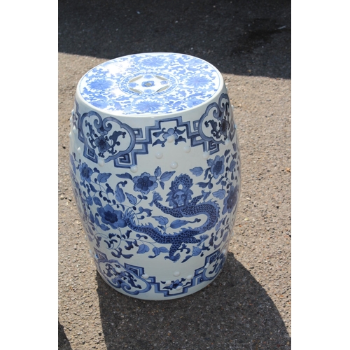 358 - PAIR OF LARGE BLUE AND WHITE ORIENTAL BARREL SEATS 
45CM