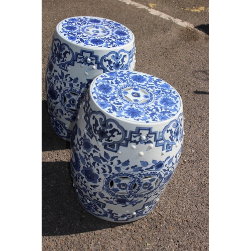 358 - PAIR OF LARGE BLUE AND WHITE ORIENTAL BARREL SEATS 
45CM