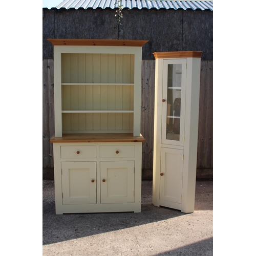 9 - PAINTED PINE DRESSER AND CORNER CUPBOARD 
105 X 45 X 197CM