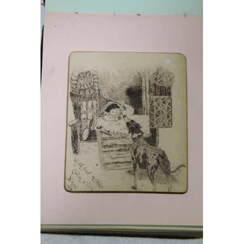 944 - LATE 19TH, EARLY 20TH CENTURY ALBUM CONTAINING 9 SMALL PAINTINGS MOSTLY WATERCOLOURS, OTHER INCLUSIO... 