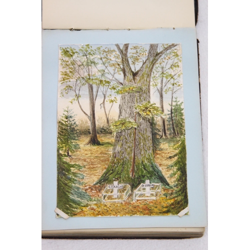 944 - LATE 19TH, EARLY 20TH CENTURY ALBUM CONTAINING 9 SMALL PAINTINGS MOSTLY WATERCOLOURS, OTHER INCLUSIO... 