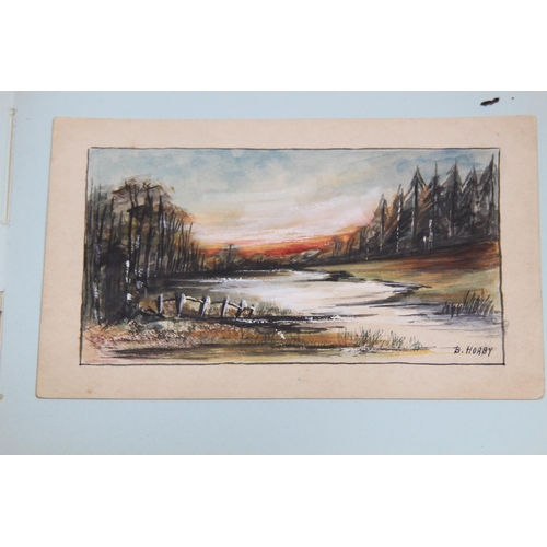 944 - LATE 19TH, EARLY 20TH CENTURY ALBUM CONTAINING 9 SMALL PAINTINGS MOSTLY WATERCOLOURS, OTHER INCLUSIO... 