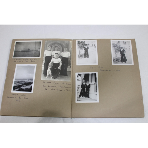 945 - MILITARY LINKED SCRAP BOOK CONTAINING A QUANTITY OF PHOTOS OF ROYAL NAVY SAILOR ON HIS TRAVELS IN TH... 