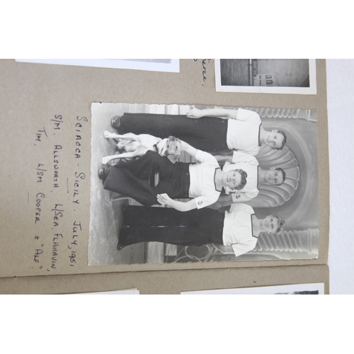 945 - MILITARY LINKED SCRAP BOOK CONTAINING A QUANTITY OF PHOTOS OF ROYAL NAVY SAILOR ON HIS TRAVELS IN TH... 