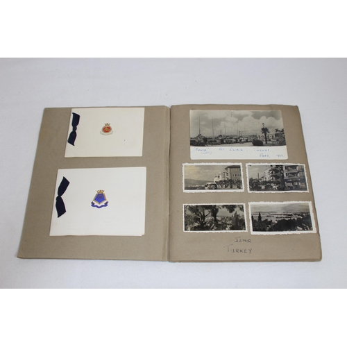 945 - MILITARY LINKED SCRAP BOOK CONTAINING A QUANTITY OF PHOTOS OF ROYAL NAVY SAILOR ON HIS TRAVELS IN TH... 