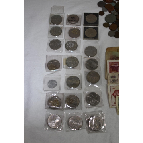 1001 - LARGE TIN OF VARIOUS COINS AND BANKNOTES