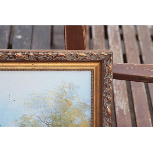 245 - SIGNED OIL ON CANVAS OF A BOAT IN A RURAL SCENE
73 X 41CM