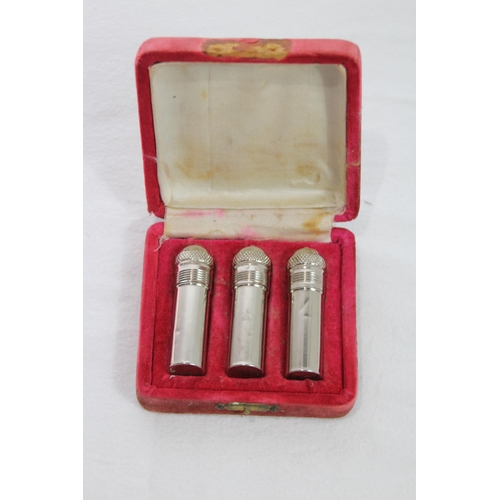 590 - TRAVELLING CASED 3 PIECE SILVER PLATED GLASS PERFUME BOTTLES AND ANOTHER