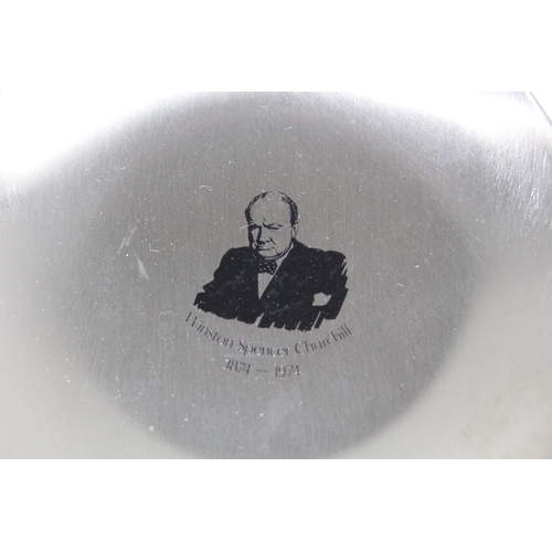 598 - LIMITED EDITION QUEEN MOTHER BOXED PEWTER AND GILT METAL PLATE, A WINSTON CHURCHILL BOWL AND MONARCH... 